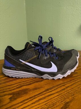 Nike Black Trail Running Shoes with Blue Laces and Purple Swoosh